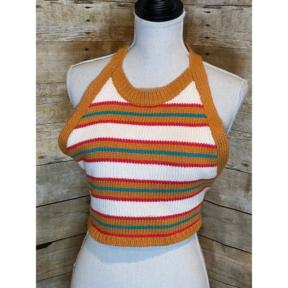 ZARA STRIPPED RETRO BOHO CHIC HIPPIE  HALTER STYLE CROP TOP SIZE MEDIUM